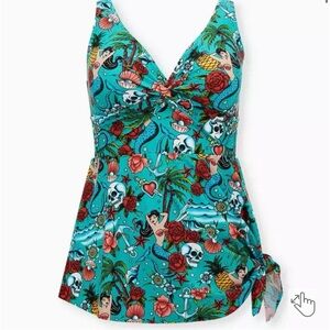 Torrid Tattoo Skull Rose Wireless Asymmetrical Twist Front Swim Dress- Size 1